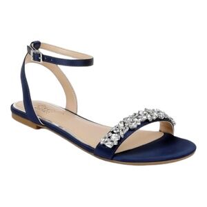 Jewel Badgley Mischka Navy Blue Satin Crystal Embellish Flat Sandals Size 9 New